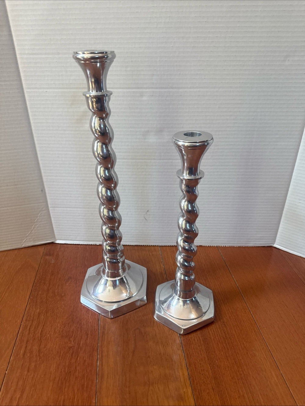 MCM Hosley Silver Tone Twisted Spiral Candle Holders Graduated Pair 15" and 12"